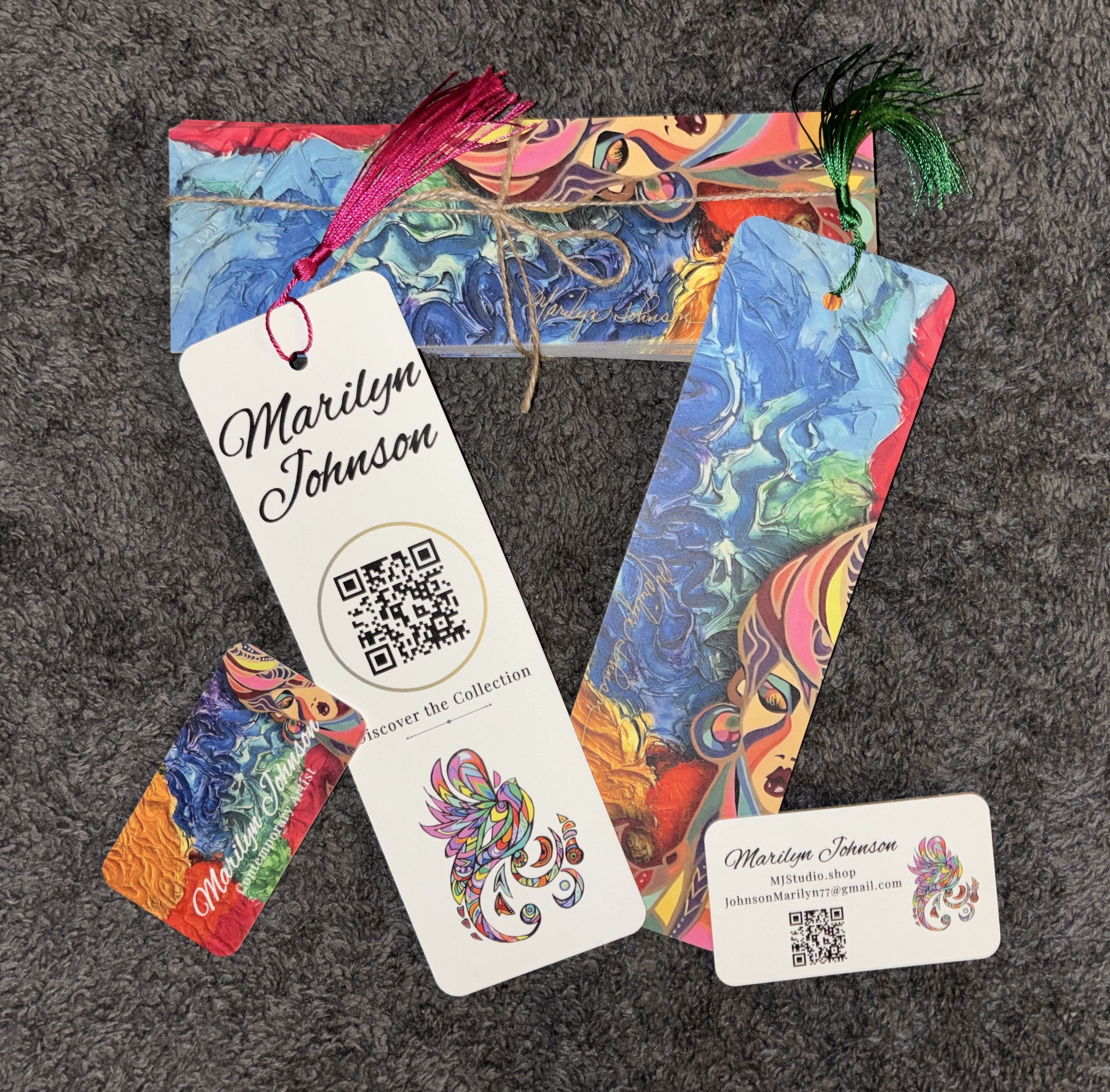 Marilyn Johnson brand package: business cards, bookmarks, and print materials
